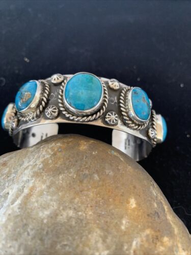 Navajo Sterling Silver Blue Kingman Turquoise Cuff Bracelet | 5 Stones | Authentic Native American Handmade | 863