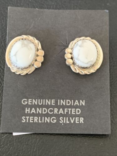 Navajo Sterling Silver White Howlite Oval Earrings | 0.50" | Authentic Native American Handmade | 13374