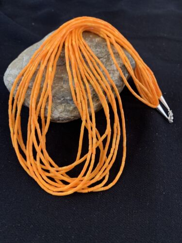 Stabilized Orange Spiny Oyster Heishi Necklace | 10 Strand | Sterling Silver | Authentic Native American Handmade | 619
