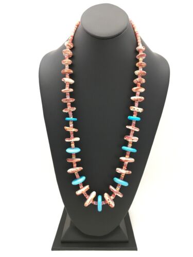 Navajo Spiny Oyster & Turquoise Necklace | Sterling Silver | Authentic Native American Handmade | 32" | 2910
