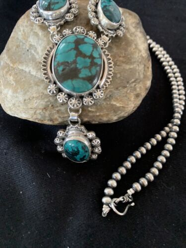 Navajo Lariat Spiderweb Turquoise Pendant Necklace | Sterling Silver | 25" | Authentic Native American Handmade | 01336