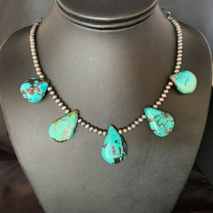 Navajo Teardrop Blue Turquoise Necklace | Sterling Silver Pearls | 20" | Authentic Native American | 13965