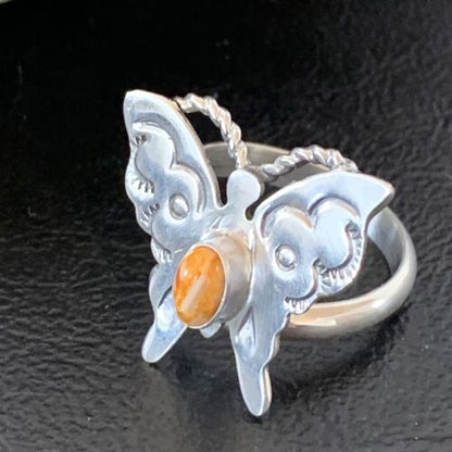 Navajo Orange Spiny Oyster Butterfly Ring | Sterling Silver | Sz Adj 8 | Authentic Native American Handmade | 10350