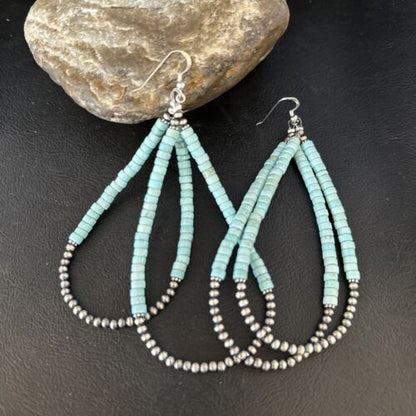 Navajo Turquoise Heishi Beads Earrings | Sterling Silver | 5" | Authentic Native American Handmade | 14295