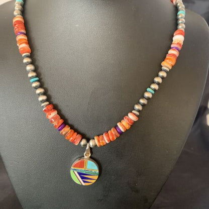 Navajo Multi-Color Spiny Turquoise Inlay Pendant Necklace | Sterling Silver | Authentic Native American Handmade | 12720