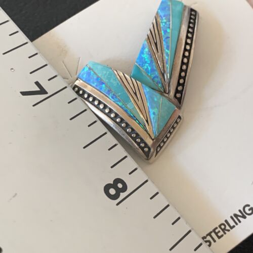 Navajo Blue Opal Turquoise Inlay Earrings | Sterling Silver | Authentic Native American Handmade | 12116