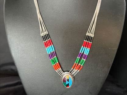 Multi-Color Liquid Silver Heishi 5-Strand Necklace | Sterling Silver Pendant | 14823