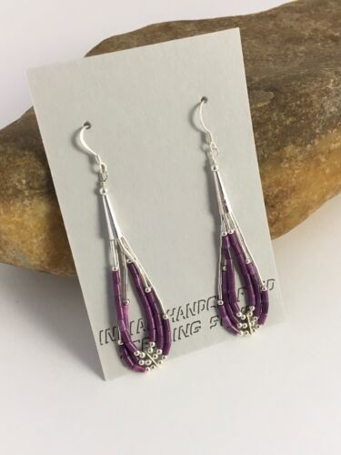 Native American Sugilite Heishi Tube Dangle Earrings | Sterling Silver | 2" | 8874