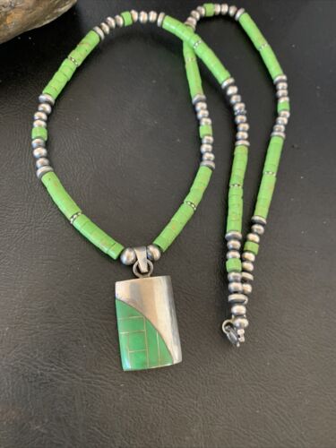 Navajo Green Gaspeite Turquoise Inlay Pendant | Sterling Silver | Authentic Native American Handmade | 12348