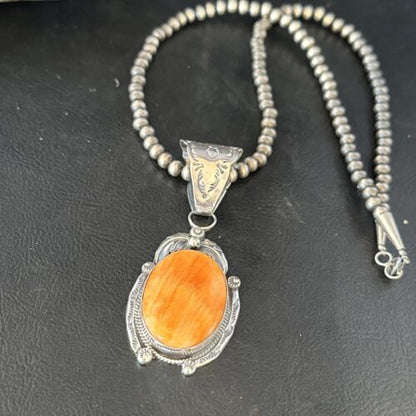 Navajo Pearls Necklace with Orange Spiny Oyster Pendant | Sterling Silver | Authentic Native American Handmade | 14720
