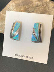Navajo Blue Opal Turquoise Inlay Earrings | Sterling Silver | Authentic Native American Handmade | 12116