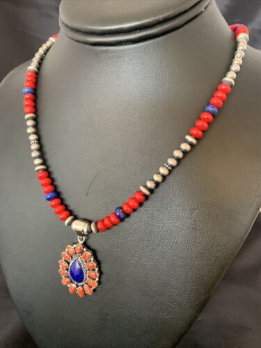 Navajo Red Stabilized Coral Lapis Necklace Cluster Pendant | Sterling Silver | Multi-Stone | 10633