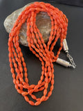 Navajo Orange Coral 5-Strand Necklace | Sterling Silver Barrel Beads | 22" | Authentic Native American Handmade | 10437