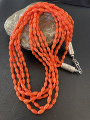 Navajo Orange Coral 5-Strand Necklace | Sterling Silver Barrel Beads | 22" | Authentic Native American Handmade | 10437
