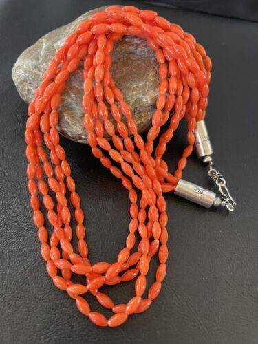Navajo Orange Coral 5-Strand Necklace | Sterling Silver Barrel Beads | 22" | Authentic Native American Handmade | 10437
