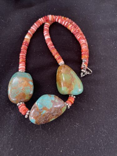 Chunky Turquoise and Red Spiny Oyster Necklace | Navajo Pearls | Sterling Silver | 22" | Native American Handmade | 1238 - Masha USA