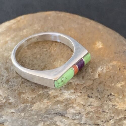 Southwestern Navajo Green Gaspeite Sugilite Red Coral Inlay Ring | Sz 7 | 02252