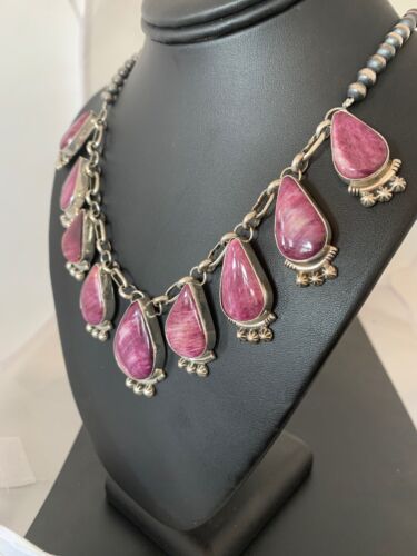 Navajo Purple Spiny Oyster Pendant Necklace Set | Authentic Native American Sterling Silver | Handmade | 4555