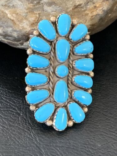 Navajo Kingman Turquoise Cluster Ring | Authentic Native American Sterling Silver | Multi-Stone | Sz 8 | 13855