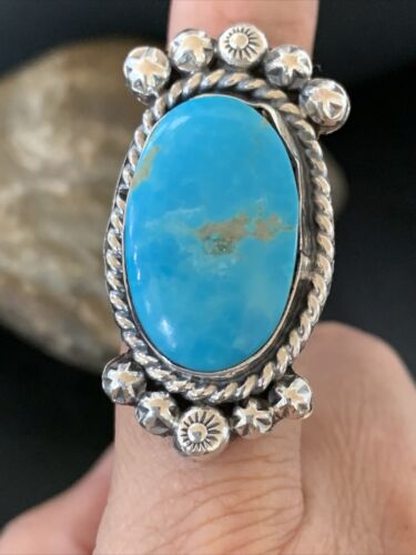 Navajo Blue Kingman Turquoise Ring | Sterling Silver | Sz 7.5 | Authentic Native American Handmade | 13382