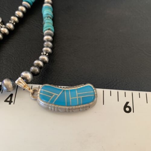 Navajo Pearls Turquoise Necklace with Inlay Pendant | Sterling Silver | 21" | Authentic Native American Handmade | 12579