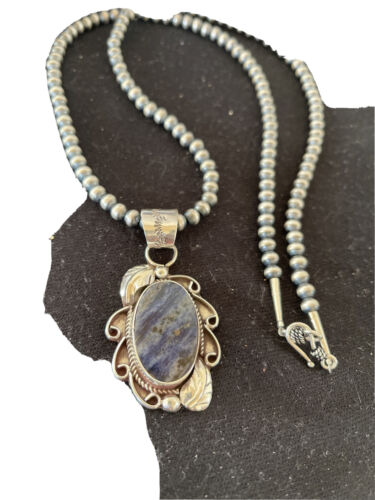 Men's Handmade Navajo Sterling Silver Beads Necklace | Lapis Pendant 2" | Authentic Native American | 1208
