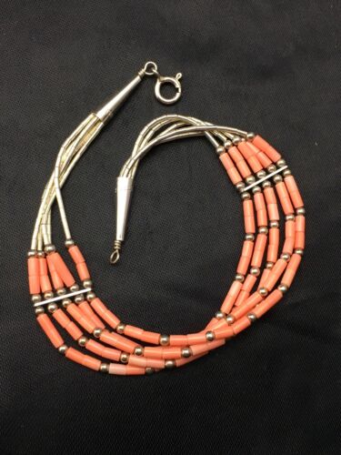 Native American Pink Coral 5-Strand Heishi Bracelet | Liquid Sterling Silver | 7" | 4345