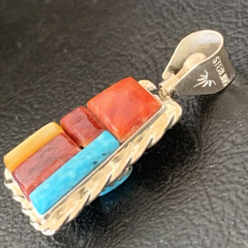 Zuni Yellow Mother of Pearl Turquoise Coral Inlay Sun Face Pendant | Sterling Silver | 2-Sided | 1685