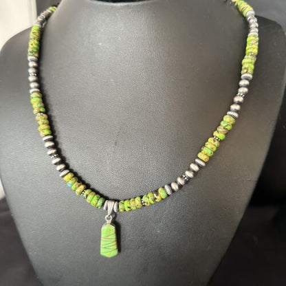 Navajo Green Turquoise Necklace Pendant | Sterling Silver | 22" | Authentic Native American Handmade | 14605