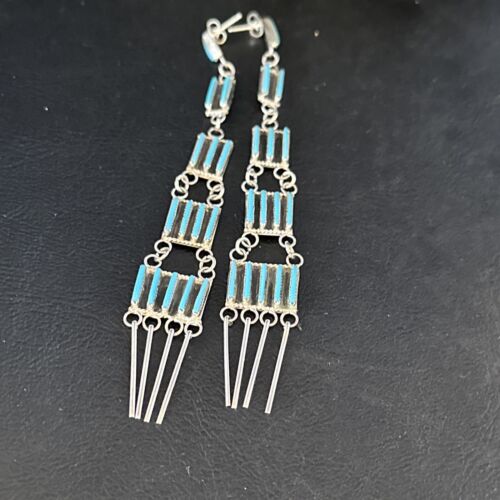 Zuni Kingman Turquoise Needle Point Dangle Earrings | Sterling Silver | Authentic Native American Handmade | 14409