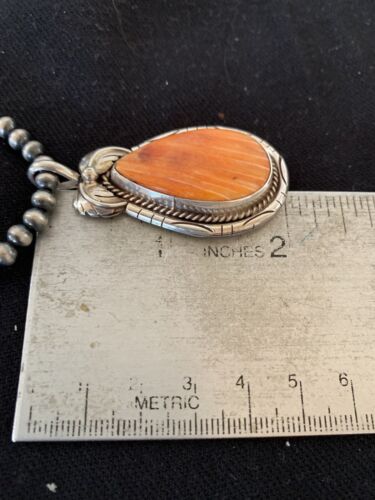 Navajo Orange Spiny Oyster Pendant Necklace | Sterling Silver | Authentic Native American Handmade | 00325