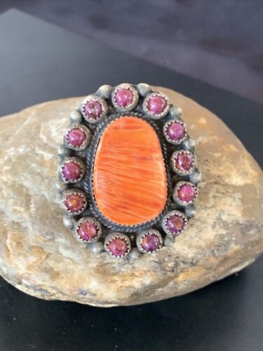 Navajo Spiny Oyster Cluster Ring | Authentic Native American Sterling Silver | Multi-Stone | Purple Orange | Sz 8 | 11513