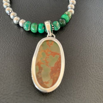 Navajo Pearls Green Turquoise Pendant Necklace | Sterling Silver Beads | Authentic Native American Handmade | 13309