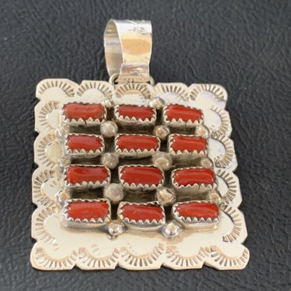 Navajo Red Coral and Multi-Stone Cluster Pendant | Authentic Native American Sterling Silver | 2" | 2100