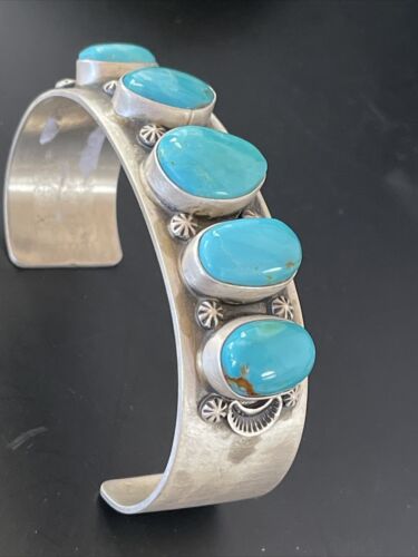 Navajo Blue Kingman Turquoise Cuff Bracelet | 5 Stone | Sterling Silver | Authentic Native American Handmade | 2051