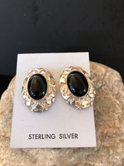 Native American Onyx Nugget Design Earrings | Sterling Silver | Southwestern Handmade | 1" | 3745