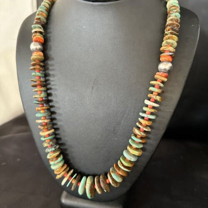 Navajo Turquoise & Red Spiny Oyster Necklace | Sterling Silver | Authentic Native American | 32" | 14379