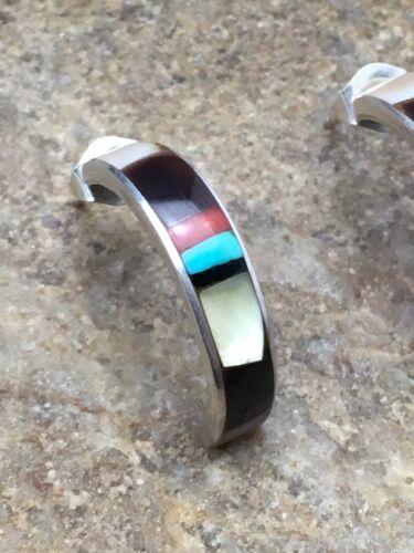 Navajo Mother of Pearl Onyx Turquoise Inlay Earrings | Sterling Silver | 0.8" | Authentic Native American Handmade | 1068