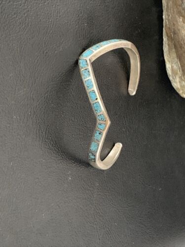 Navajo Old Pawn Blue Turquoise Chip Inlay Bracelet | Sterling Silver | Authentic Native American Handmade | 1168