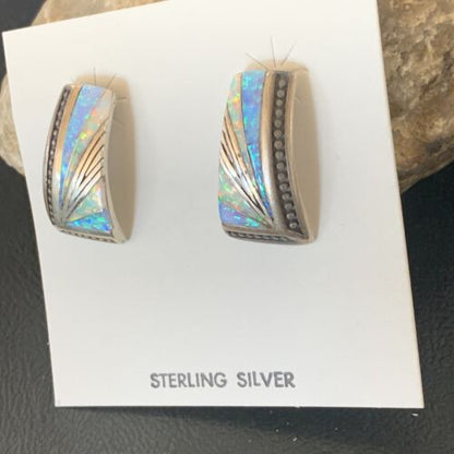 Navajo Blue White Opal Inlay Earrings | Sterling Silver | Authentic Native American Handmade | 12117 - Masha USA
