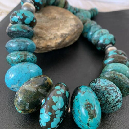Navajo Sterling Silver & Blue Turquoise Graduated Necklace | Authentic Native American | 24" | 01842