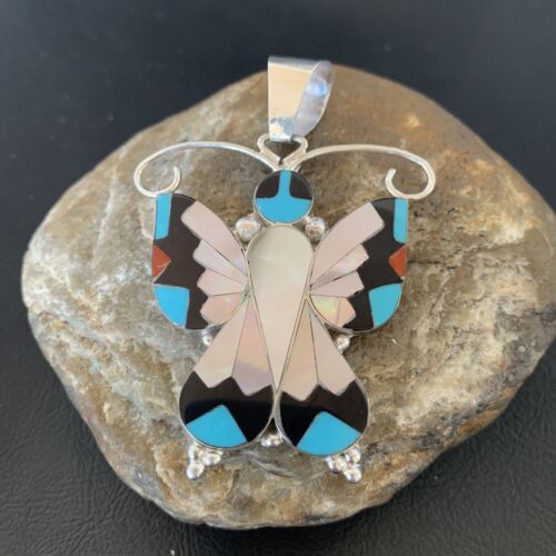 Zuni Blue Turquoise Coral Butterfly  Inlay Pendant | Sterling Silver Necklace | Authentic Native American Handmade | 11966