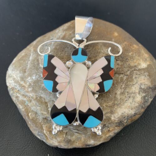 Zuni Blue Turquoise Coral Butterfly Sterling Silver Necklace Pendant 11966