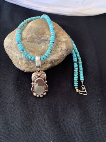 Navajo Blue Turquoise Sterling Silver Necklace | Pyrites Pendant | Southwestern 01393