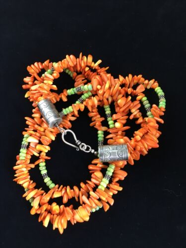 Navajo Pearls 3-Strand Necklace | Sterling Silver Orange Coral | 19" | Authentic Native American Handmade | 10042