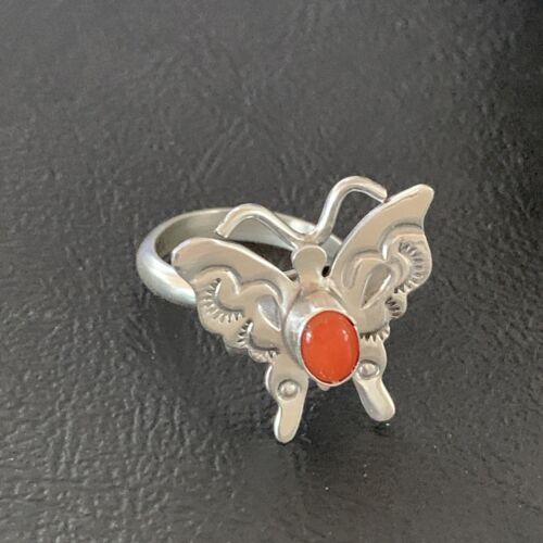 Navajo Red Spiny Oyster Butterfly Ring | Sterling Silver | Adj Sz 8 | Authentic Native American Handmade | 10341