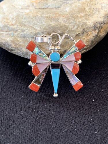 Zuni Turquoise Coral Mother of Pearl Butterfly Necklace Pin Pendant | Inlay | Sterling Silver Inlay | 1369