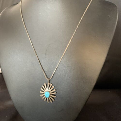 Navajo Kingman Blue Turquoise Pendant | Sterling Silver Heishi Necklace | Authentic Native American Handmade | 13829