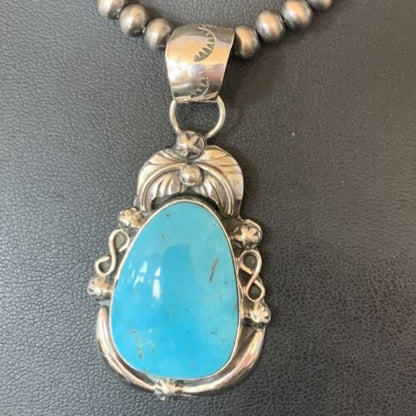 Men's Navajo Pearls Necklace with Blue Kingman Turquoise Pendant | Sterling Silver | Native American Handmade | 12599 - Masha USA