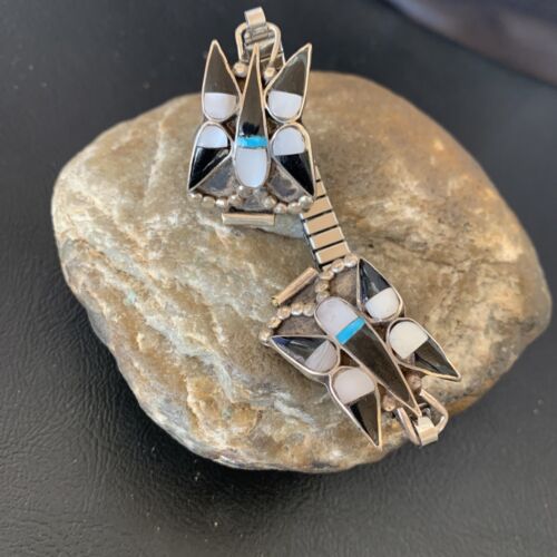 Navajo Sterling Silver Watch Tips | Old Pawn Turquoise Onyx Mother of Pearl Inlay | Authentic Native American Jewelry | 11929